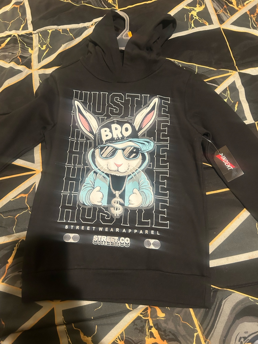 Kids' Black Graphic Bunny Hoodie - Blue Accent